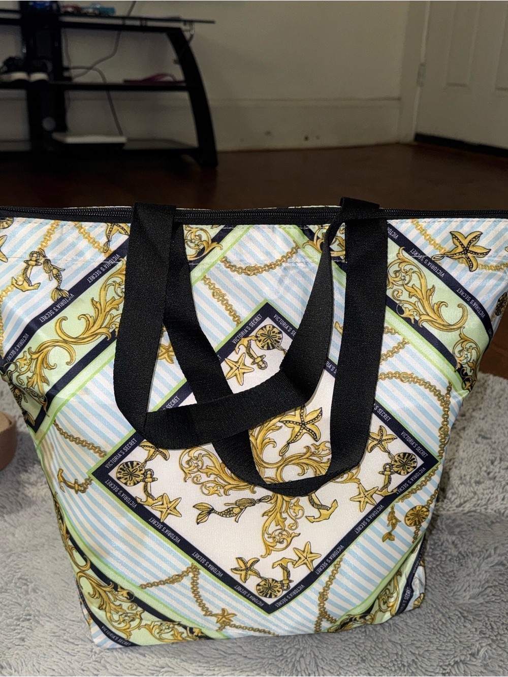 Victoria's Secret Scarf-Print Tote in Navy, Gold & Light Blue